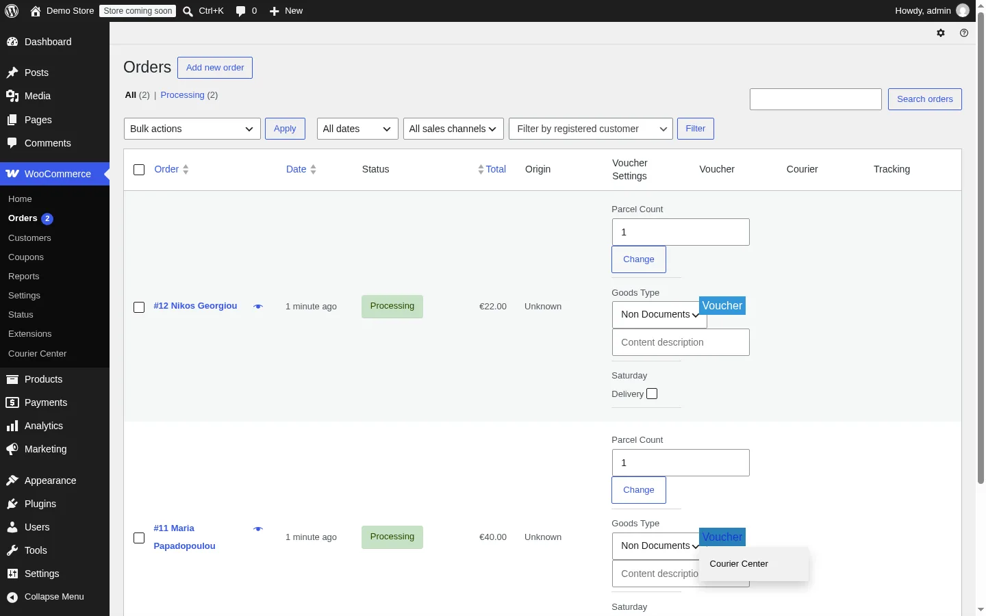 Courier Center for WooCommerce: the Voucher button on an order with the Courier Center option