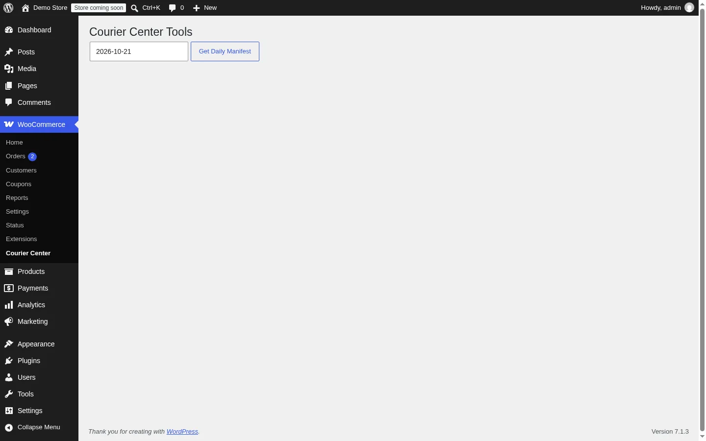 Courier Center for WooCommerce: Courier Center Tools page to download the daily manifest