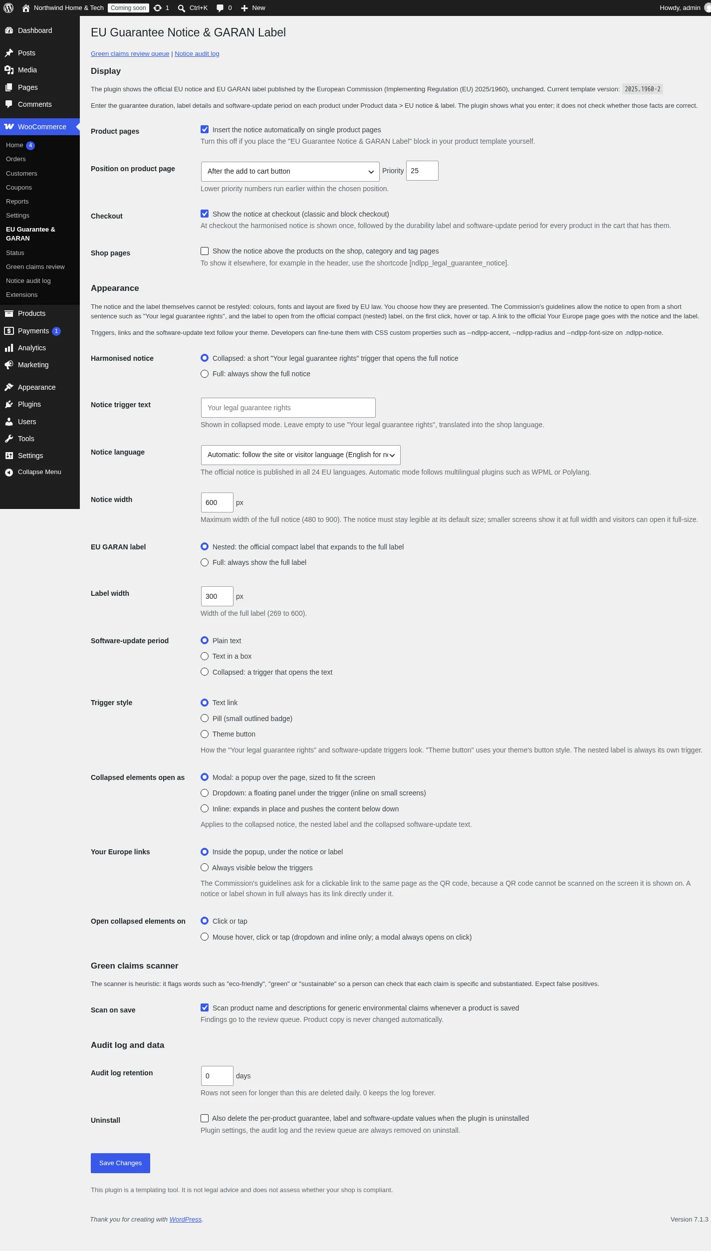 EU Guarantee Notice & GARAN Label settings page under WooCommerce > EU Guarantee & GARAN