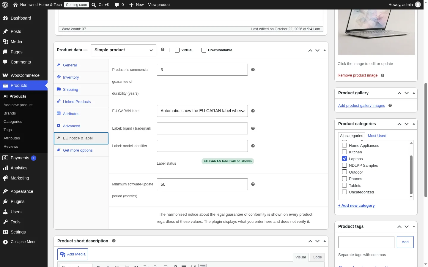 Product data > EU notice & label tab with guarantee years, EU GARAN label eligibility, brand, model and software-update fields