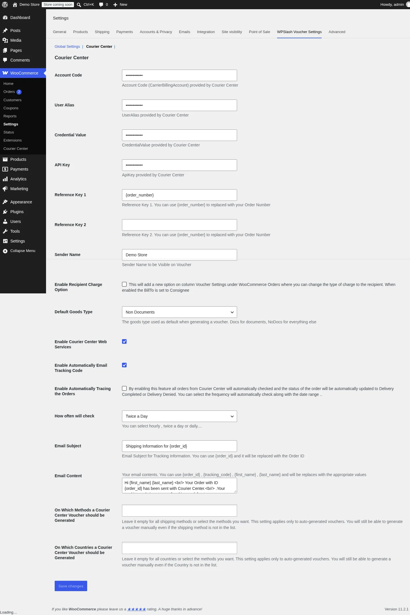 Courier Center for WooCommerce: Courier Center settings section with credentials, sender name and tracking options