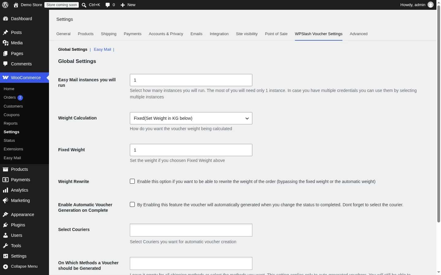 Easy Mail Voucher for WooCommerce: WPSlash Voucher Settings, Global Settings section