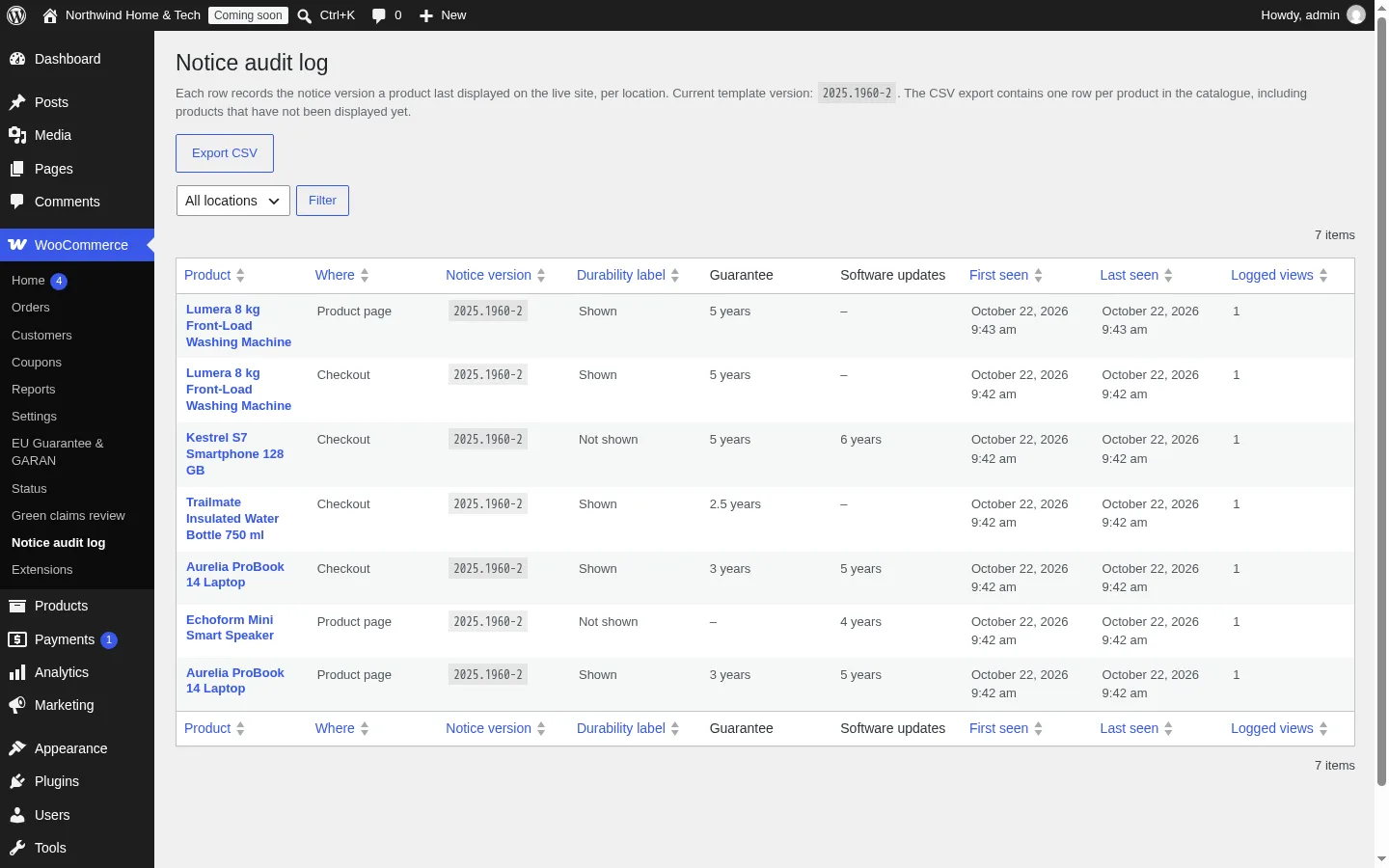 Notice audit log listing the notice version each product displayed, with the Export CSV button