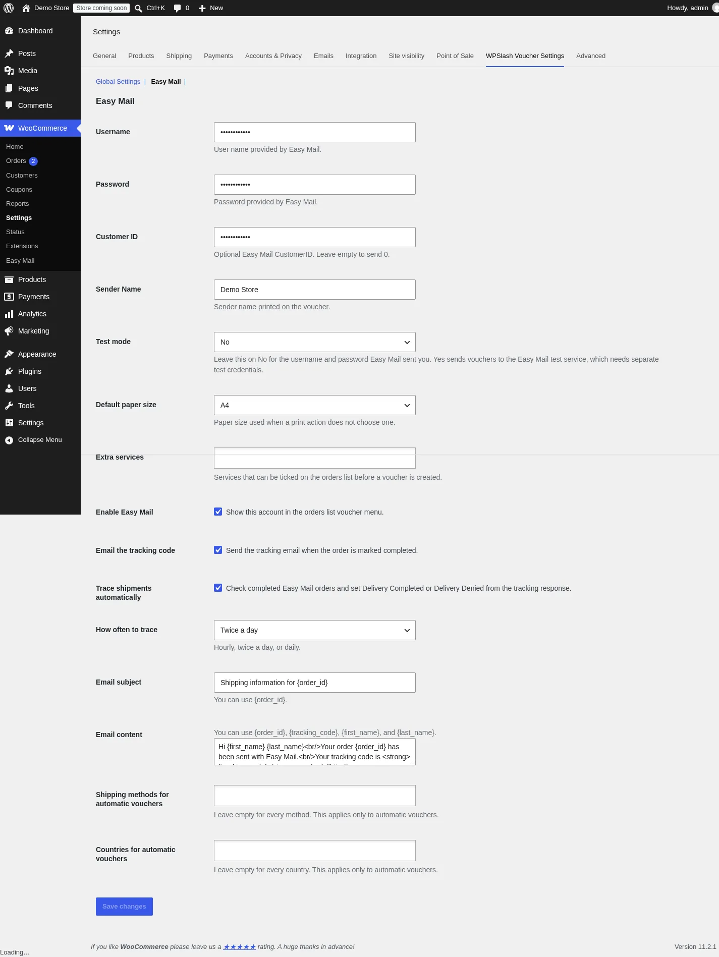 Easy Mail Voucher for WooCommerce: Easy Mail settings section with account, test mode, paper size and tracking options