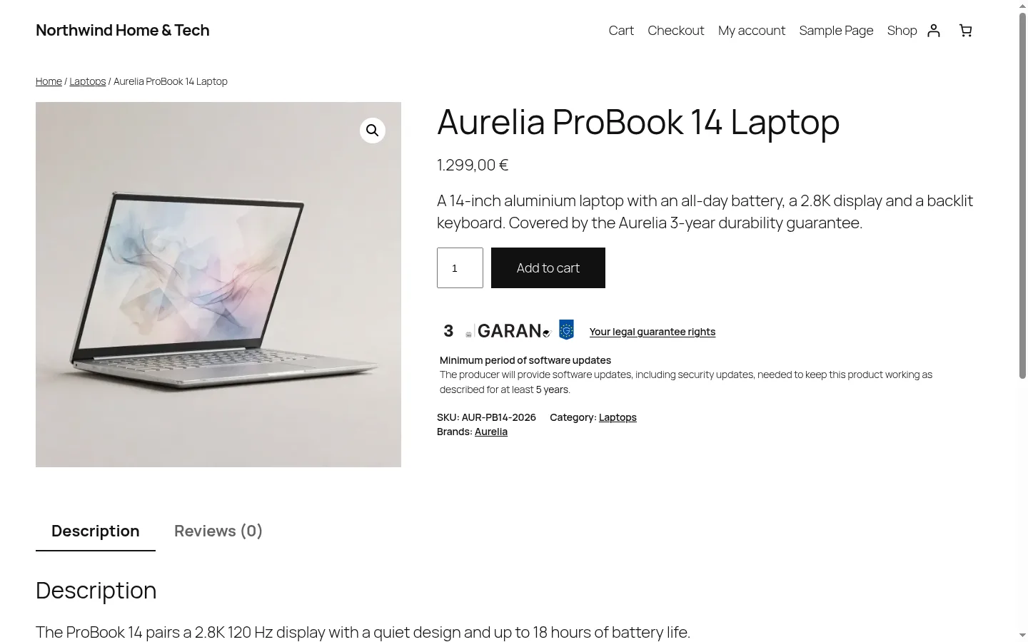 Product page showing the nested EU GARAN label, the Your legal guarantee rights link and the software-update period under Add to cart