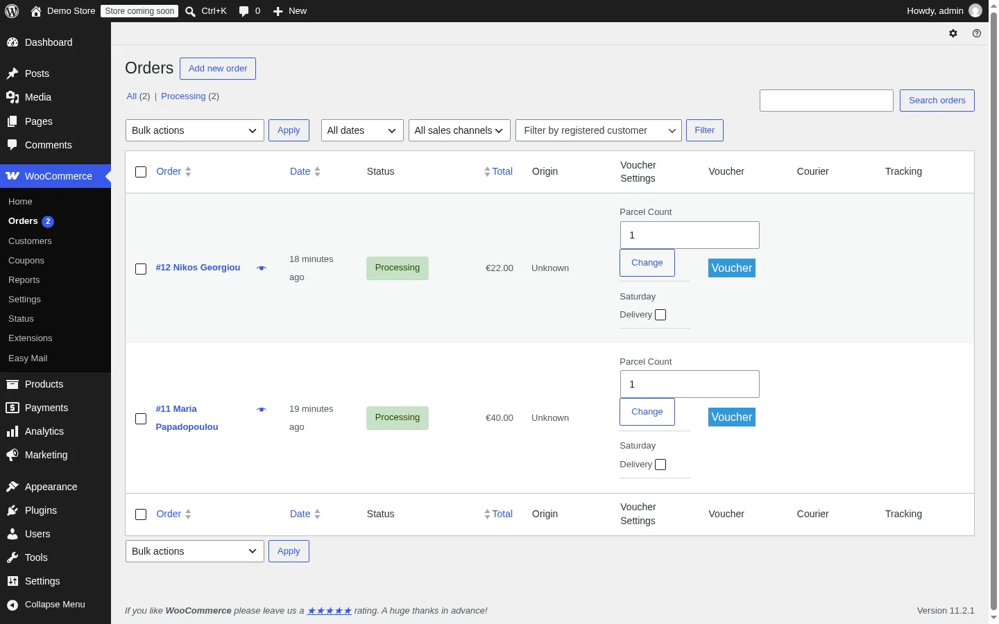 Easy Mail Voucher for WooCommerce: WooCommerce orders list with the Voucher Settings and Voucher columns