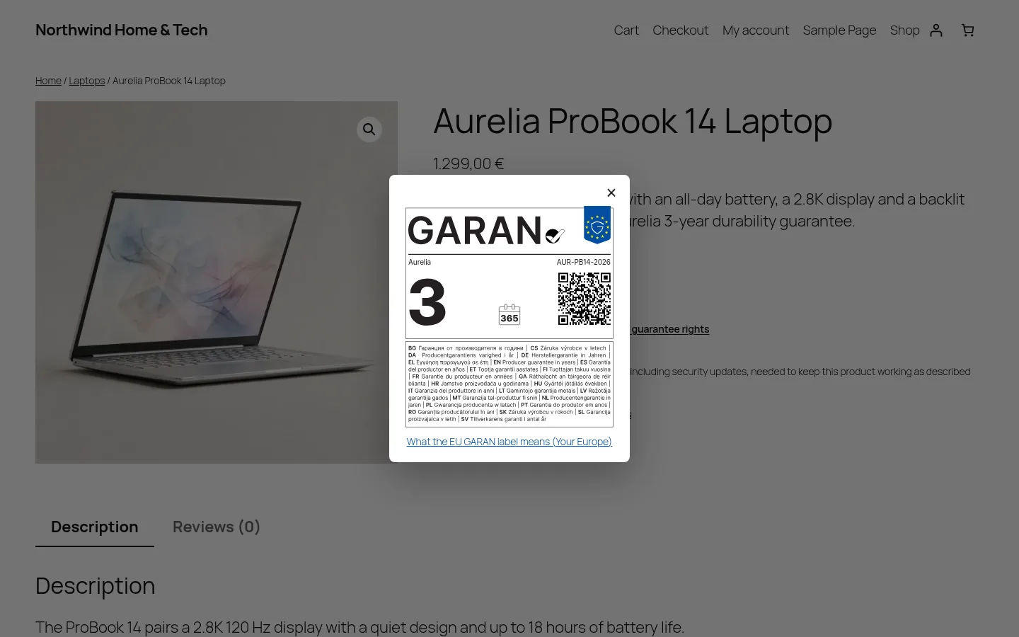 Full EU GARAN label opened in a popup from the nested label on a product page