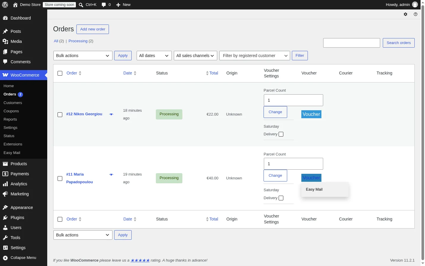 Easy Mail Voucher for WooCommerce: the Voucher button on an order with the Easy Mail option