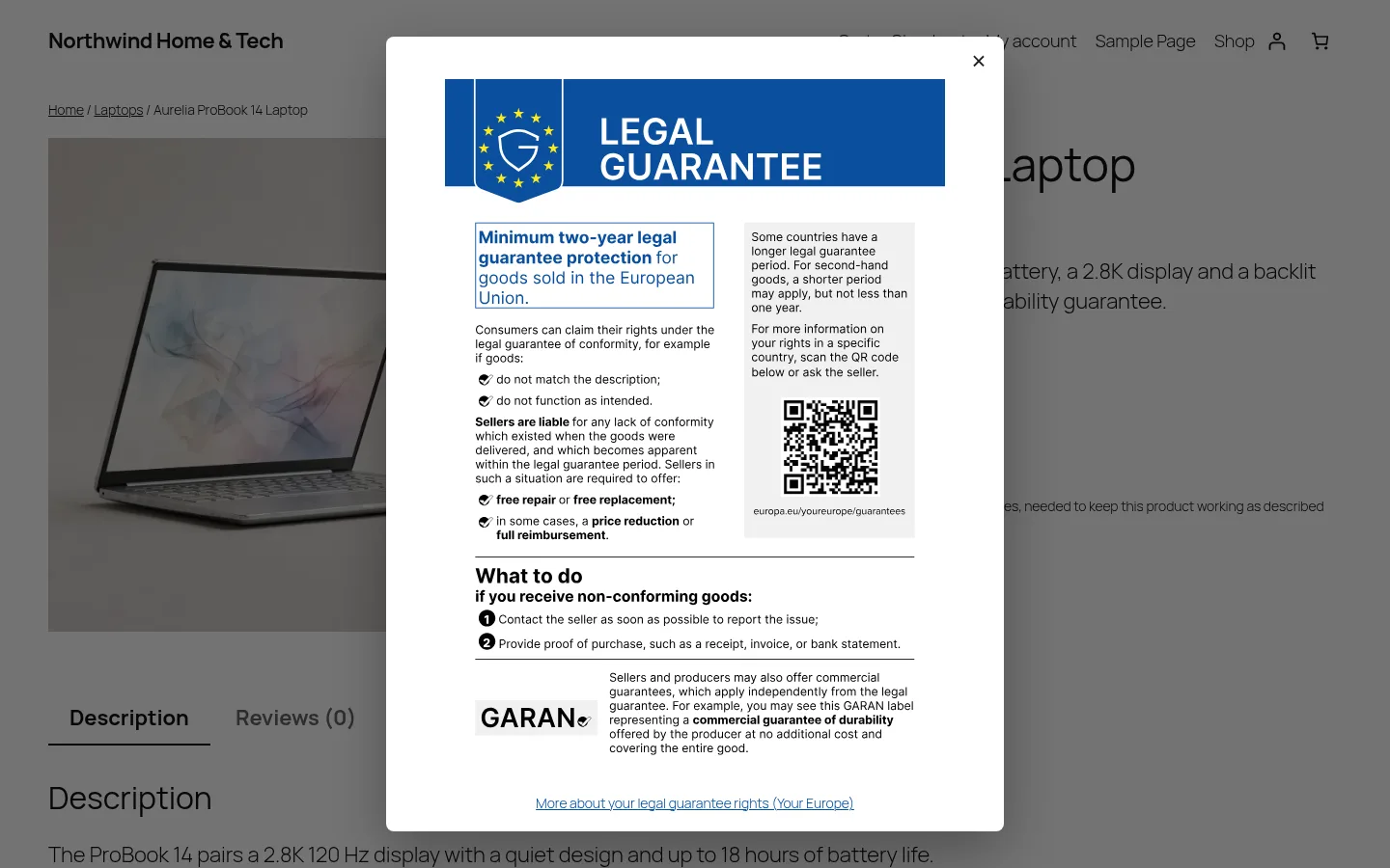 Official EU legal guarantee notice opened in a popup from the Your legal guarantee rights link