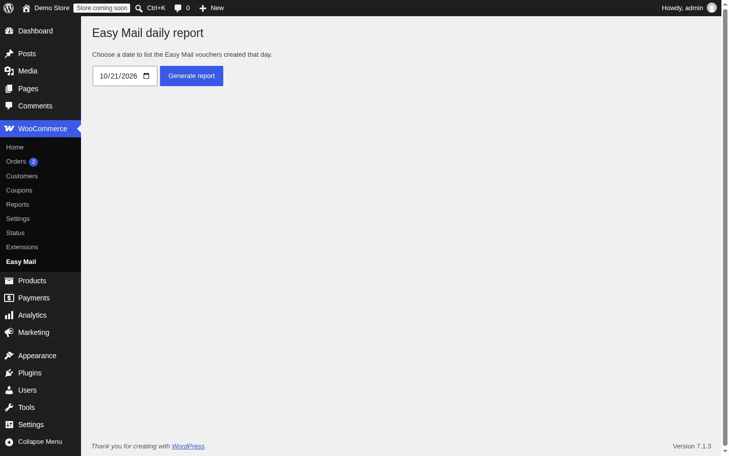 Easy Mail Voucher for WooCommerce: Easy Mail daily report page