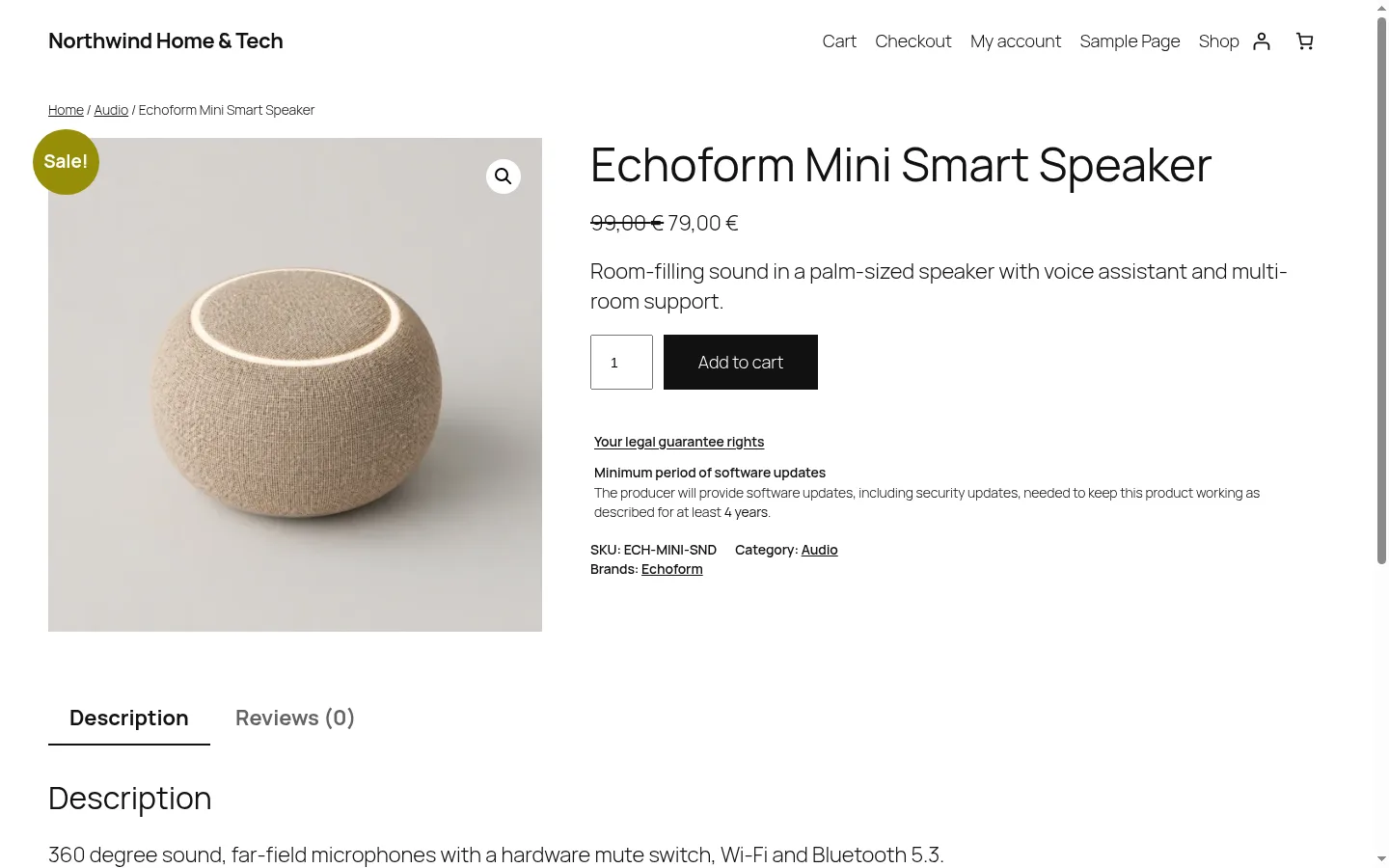 Product page of a smart speaker showing only the legal guarantee link and the minimum software-update period
