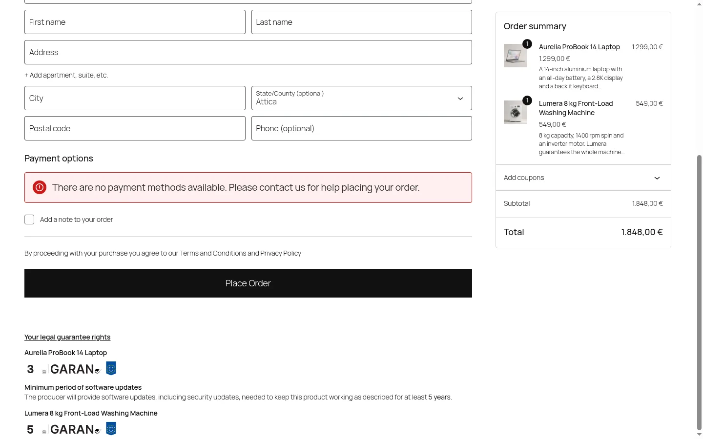 Checkout page showing the legal guarantee notice link and the durability labels of the products in the cart