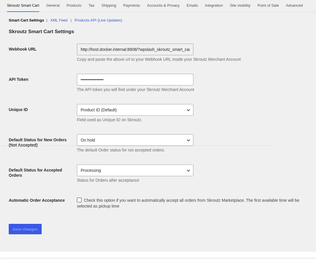 Skroutz Marketplace & XML για WooCommerce: Smart Cart Settings με webhook URL, API token και καταστάσεις παραγγελιών