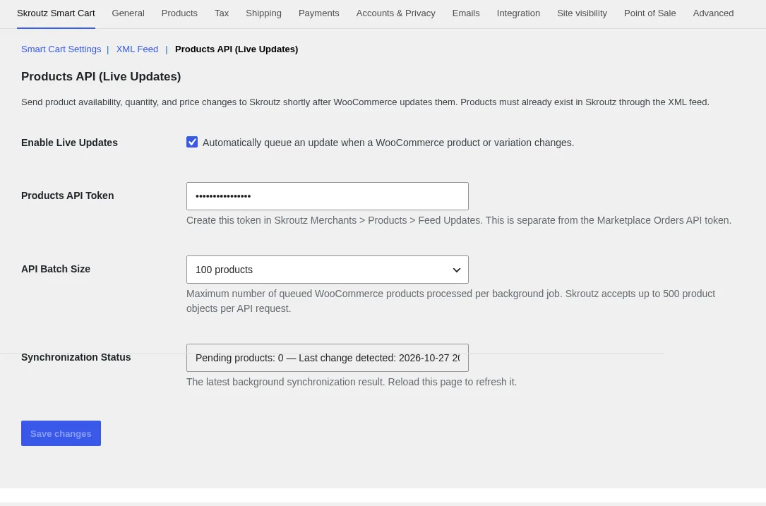 Skroutz Marketplace & XML για WooCommerce: ρυθμίσεις άμεσων ενημερώσεων Products API