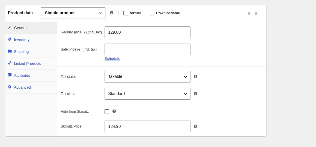 Skroutz Marketplace & XML για WooCommerce: πεδία Skroutz Price και Hide from Skroutz σε προϊόν