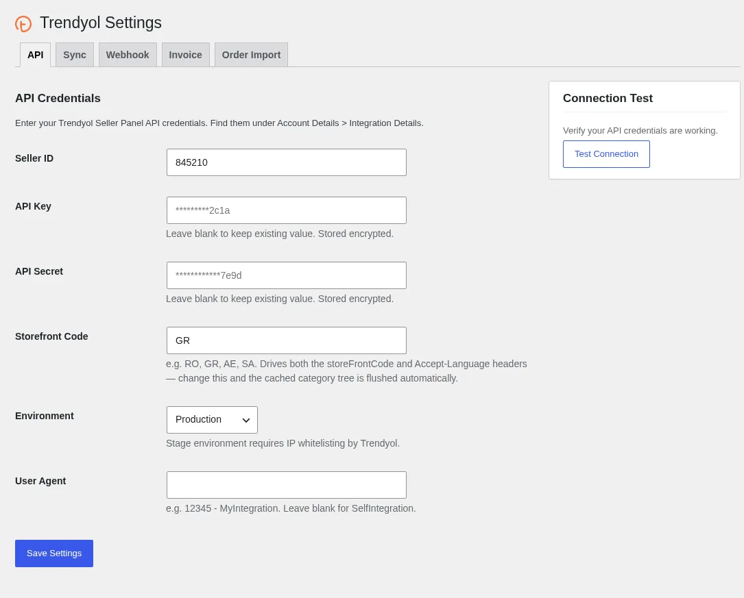 Trendyol Integration για WooCommerce: καρτέλα API με Seller ID, API key, API secret, storefront code και έλεγχο σύνδεσης