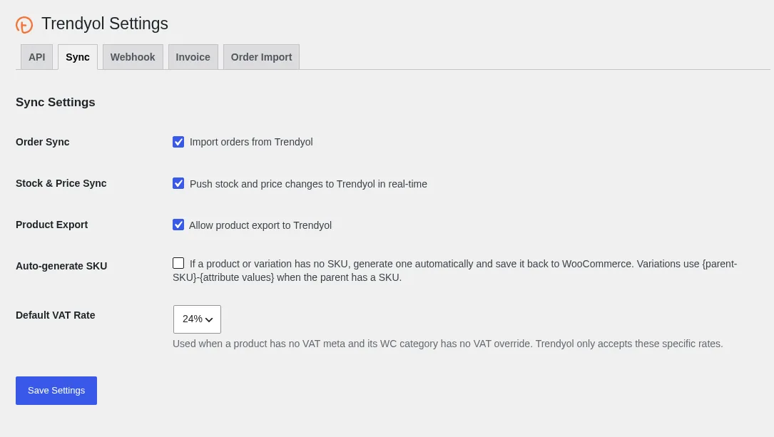 Trendyol Integration για WooCommerce: καρτέλα Sync με συγχρονισμό παραγγελιών, αποθέματος και τιμών, εξαγωγή προϊόντων και ΦΠΑ