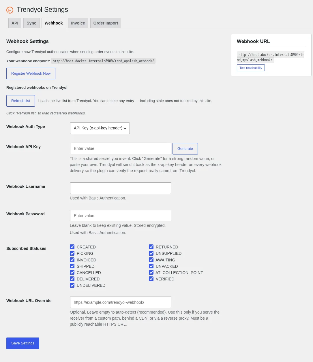 Trendyol Integration για WooCommerce: καρτέλα Webhook με endpoint, πιστοποίηση και καταστάσεις