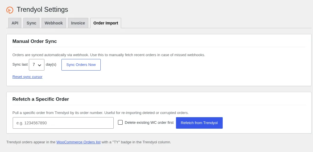 Trendyol Integration για WooCommerce: καρτέλα Order Import με χειροκίνητο συγχρονισμό και επανάληψη λήψης παραγγελίας