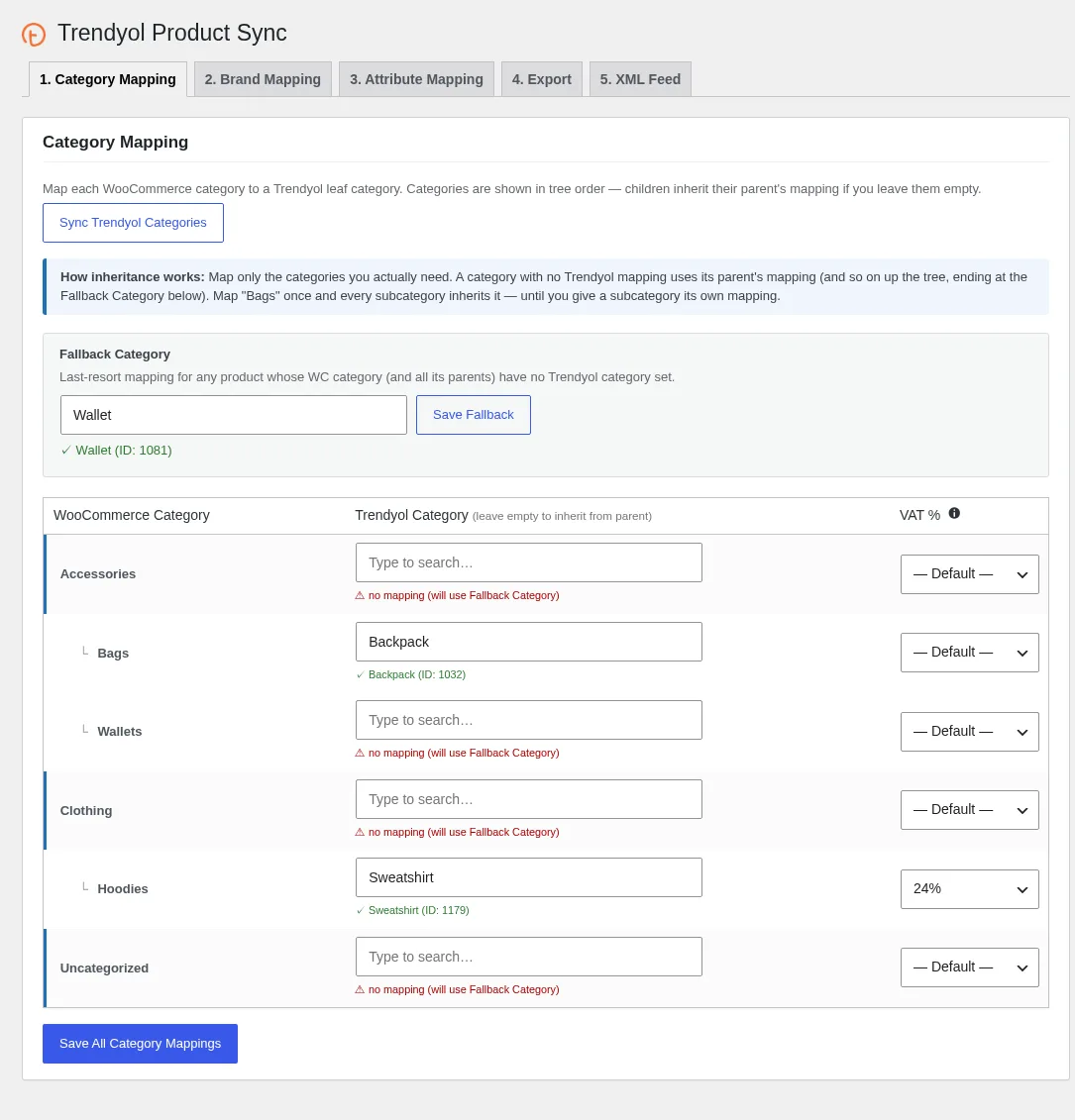 Trendyol Integration για WooCommerce: αντιστοίχιση κατηγοριών με εφεδρική κατηγορία και ΦΠΑ ανά κατηγορία