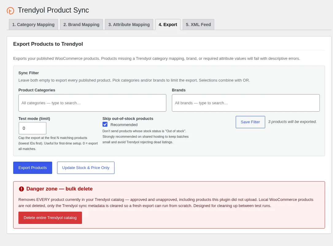 Trendyol Integration για WooCommerce: οθόνη εξαγωγής με φίλτρο συγχρονισμού και κουμπιά εξαγωγής