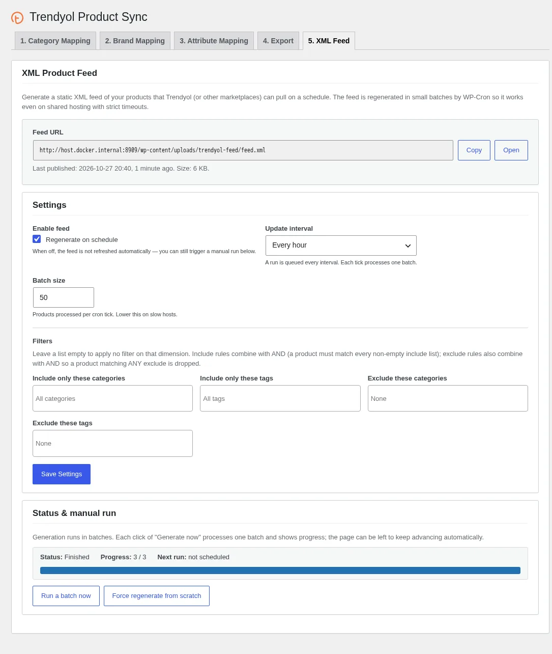 Trendyol Integration για WooCommerce: ρυθμίσεις και κατάσταση του XML feed προϊόντων