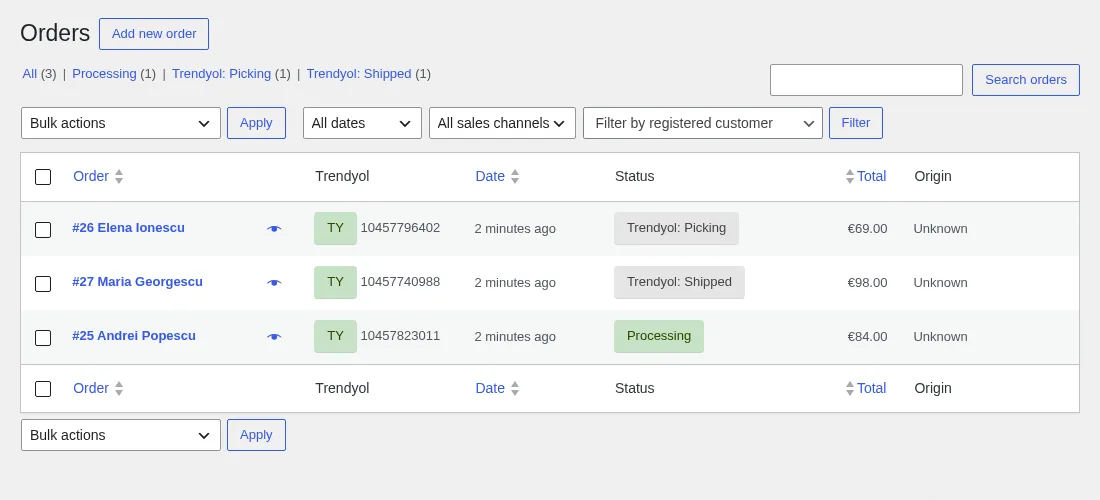 Trendyol Integration για WooCommerce: λίστα παραγγελιών WooCommerce με τη στήλη Trendyol