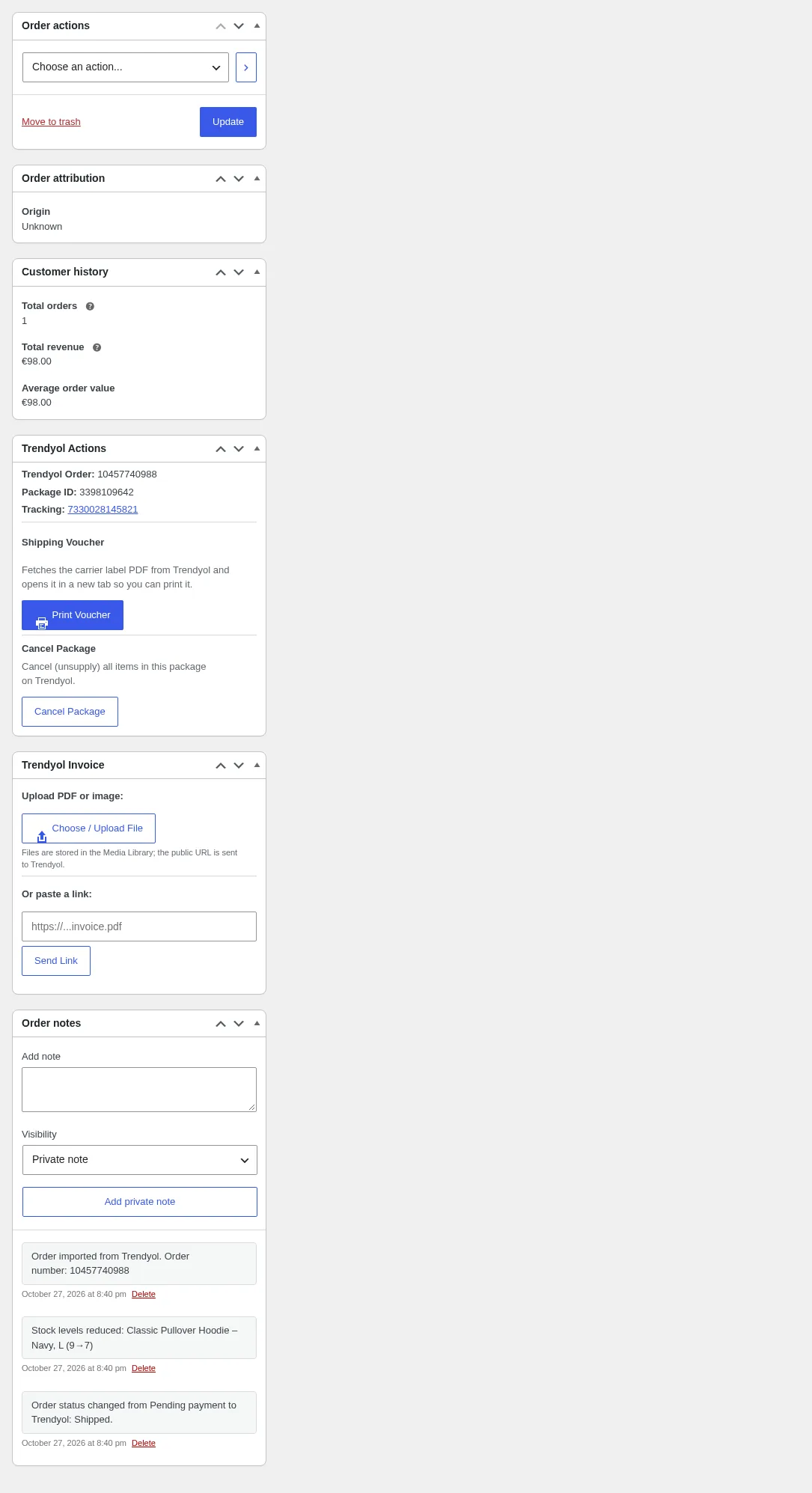 Trendyol Integration για WooCommerce: ενέργειες παραγγελίας, Trendyol Actions και Trendyol Invoice σε παραγγελία