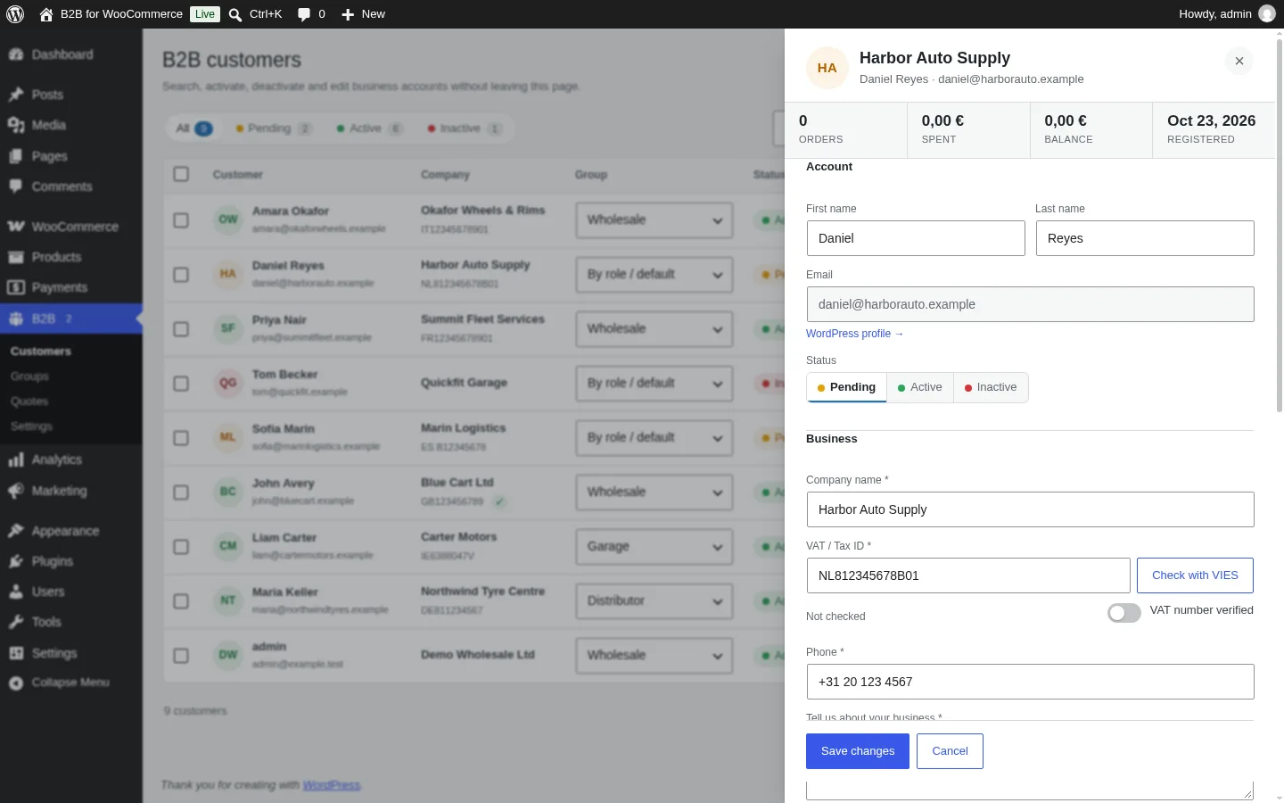 B2B for WooCommerce: the customer drawer with account, status, business details and VAT check