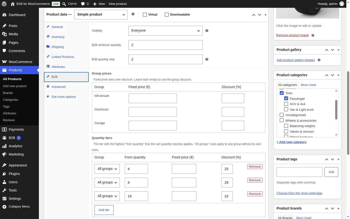 B2B for WooCommerce: the B2B tab on the product edit screen with visibility, minimum quantity, pack step, group prices and quantity tiers