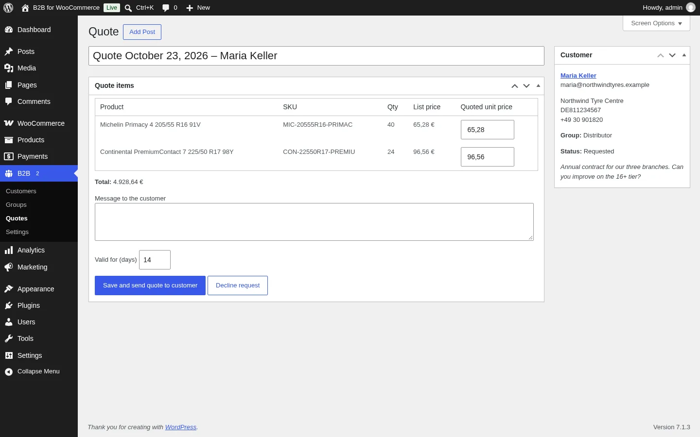 B2B for WooCommerce: a quote request with list prices, quoted unit prices, message and validity