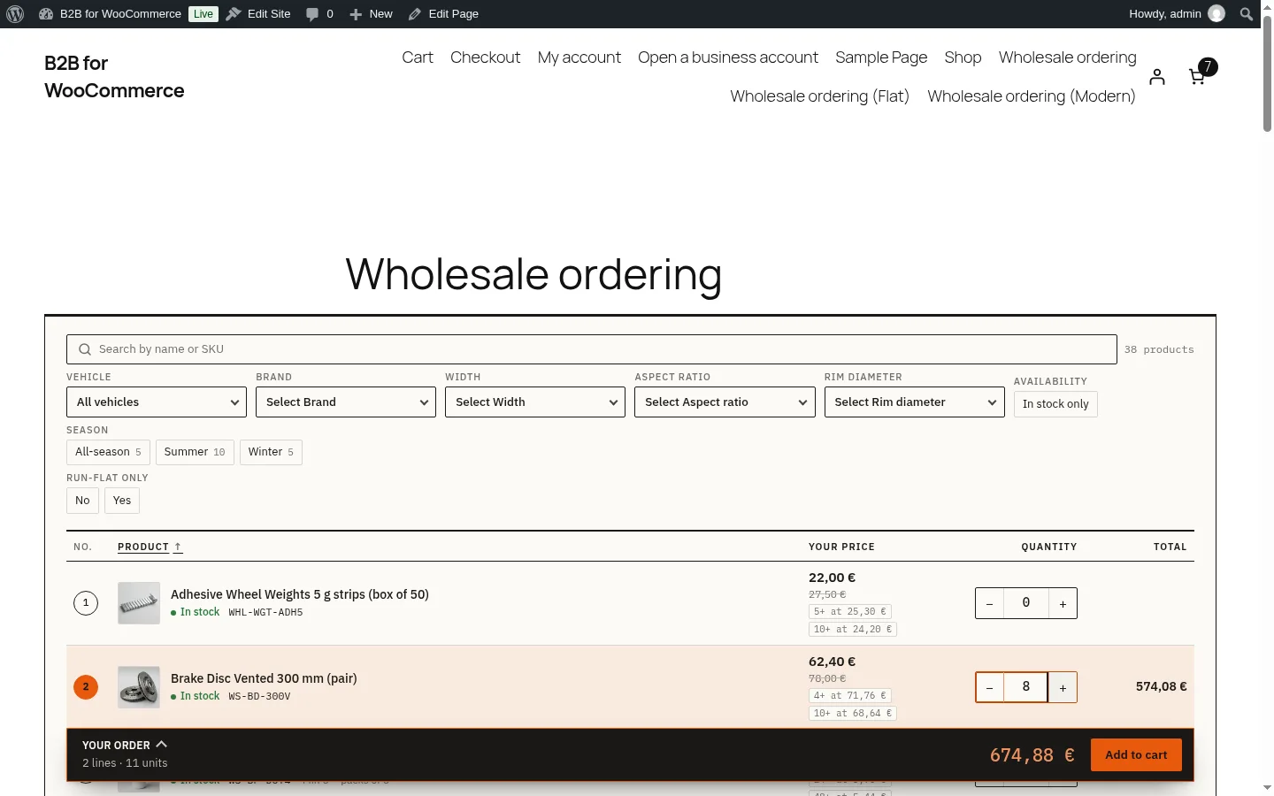 B2B for WooCommerce: the wholesale order form in the Catalogue design with filters, numbered rows, tier prices and the running order bar