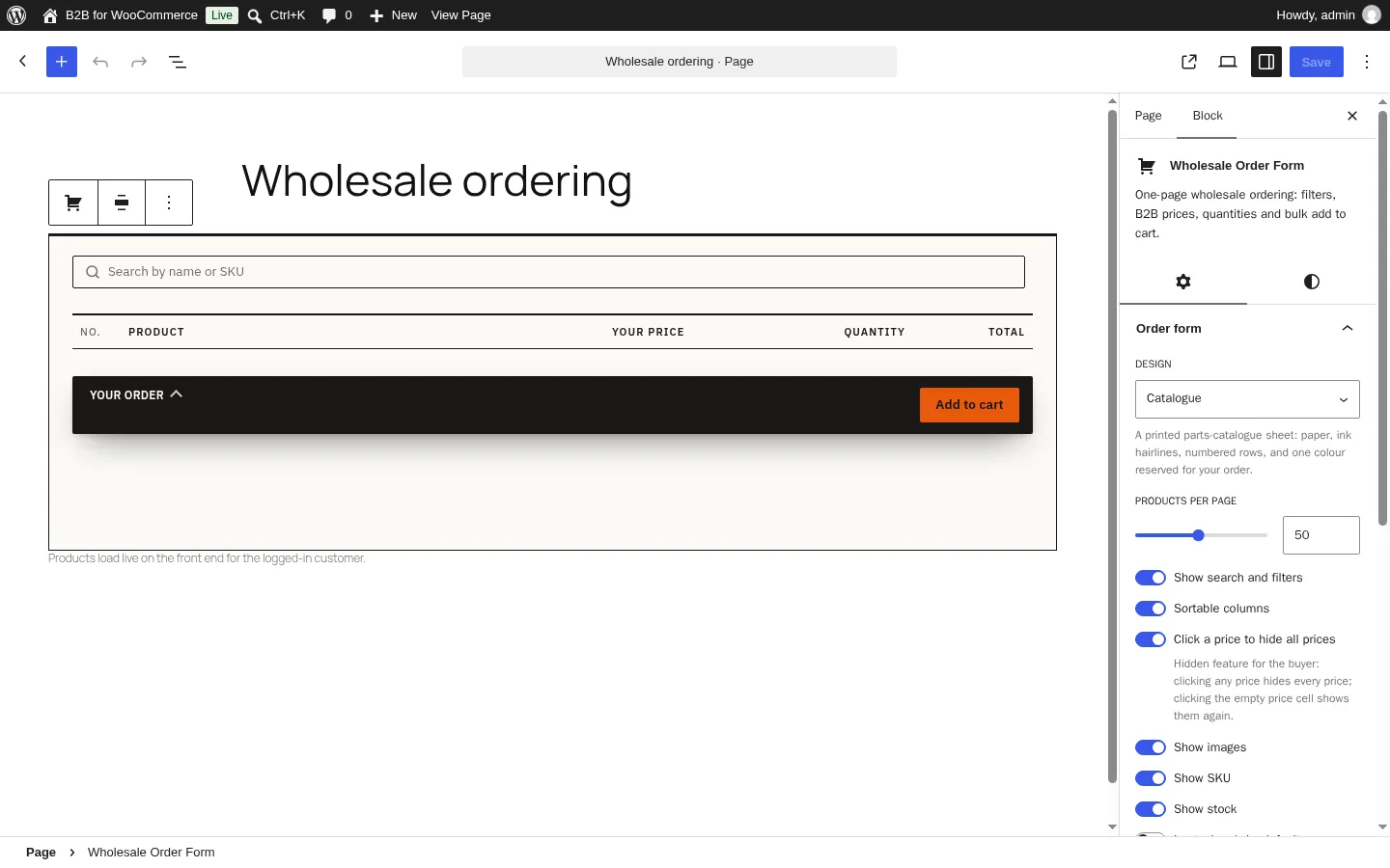 B2B for WooCommerce: the Wholesale Order Form block settings in the editor with the Design select