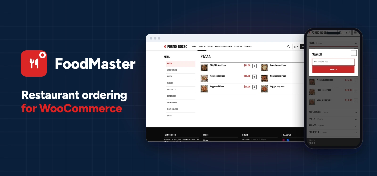 FoodMaster restaurant ordering for WooCommerce: side menu ordering page and accordion menu on a phone